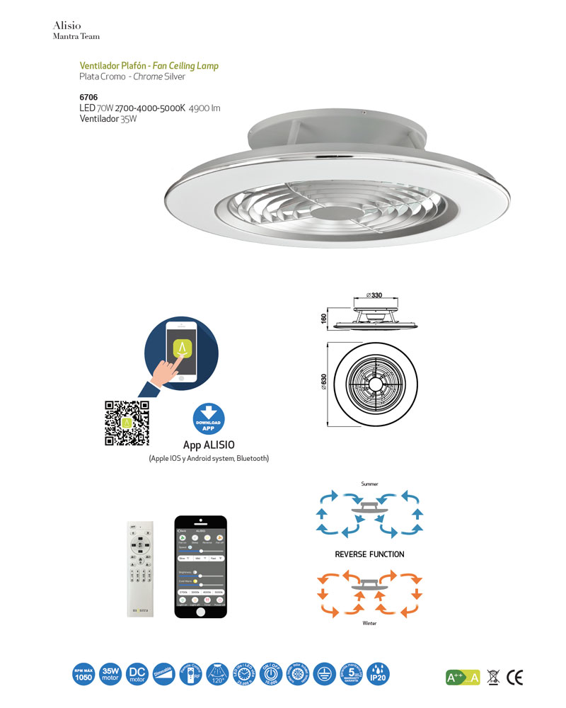 Ventilador sin aspas ALISIO de Mantra (plata/cromo, con luz